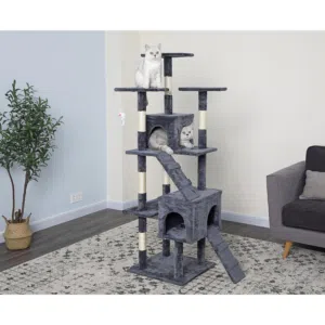 برج قطط SKY-TOUCH – بيت قطط رمادي متين مع أعمدة خدش ومنصات للراحة