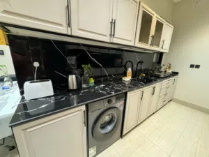 Modern 2 Walls Kitchen Setup Cabinets Marble Countertop Sink Imported Sink Mixture