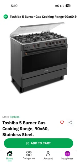 Brand new Toshiba 5 burner oven with 1 year warranty , purchased I. March 2026,original price 220 bd