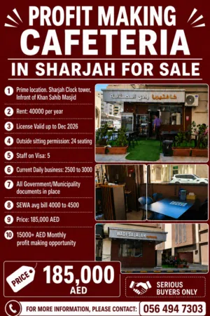 PROFIT MAKING CAFETERIA IN SHARJAH FOR SALE- PRIME LOCATION