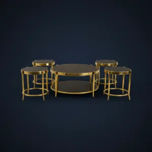 طقم طاولات قهوة دائري ذهبي مع أسطح سوداء 5 قطع فاخرة لغرفة المعيشة - A1 (QR31)