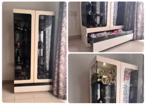 Glass Showcase Cupboard with Drawer & Spotlights