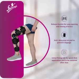 دعامة الركبة Flamingo R.O.M. Knee Braceجبيرة طبية متطورة تُستخدم للتحكم في مدى حركة مفصل الركبة.