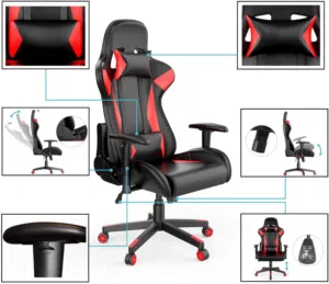 كرسي ألعاب أسود وأحمر جيمنج بمواصفات رائعة ومريحة مسند للظهر والرأس قابلتان للازالة GAMING CHAIR