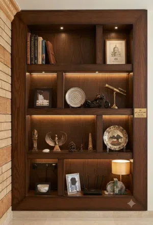 مكتبة خشبية فاخرة مدمجة داخل الحائط (Built-in) - بحالة ممتازة!