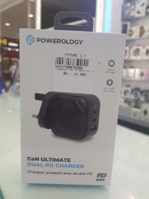 Powerology GaN Ultimate Dual PD Charger UK 65W 1QC 36W USB A & 2 USB C Ports   شاحن