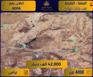 إعلان رقم (6006) أرض زراعية مميزة للبيع – السلط / العارضة – قرب مثلث بن جهلان / 4000 م2