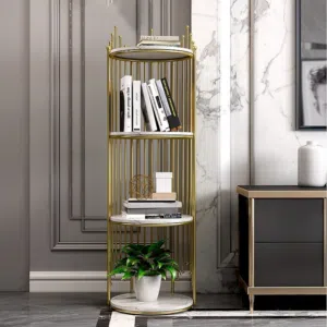 Luxury Gold Metal Semi-Circular Bookshelf, 3-Tier Marble Corner Display Rack for Living Room