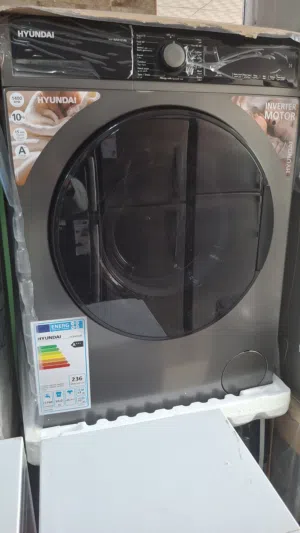 غساله هونداي كوري تجميع تركي 10 كيلو 1400 دوره 15 برنامج لون سلفر على اسود ماتور انفرتر توفير عالي