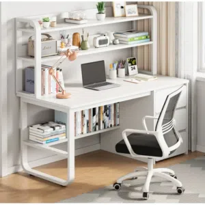 مكتب دراسي - طاولة كمبيوتر - مكتب عملي برفوف علوية خشبية و هيكل معدني لون بيج و لون ابيض