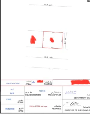 للبيع ارض المطرق شارعين امامي 97 وخلفي 36 مساحة 10،993 قدم سكني مكاتب ارضي ومواقف وثلاثة دور