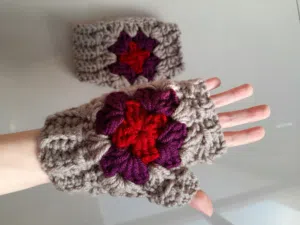 Handmade Crochet Fingerless Gloves In Grey, Brown, Black and Orange Adult Size