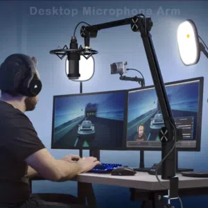 حامل ذراع مايكرفون مصنوع من الألمنيوم مع مثبت للمكتب وإدارة الكابلات متوافق مع جميع انواع المايكرفون