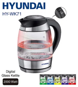 سخان هونداي زجاج 1.8 لتر تحكم درجات الحرارة مع اضائة الوان 2000 واط كفالة  عامين بأقل سعر بالمملكة