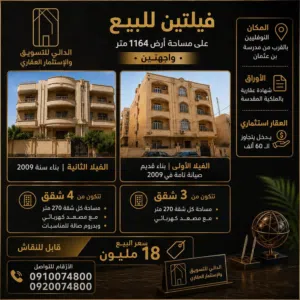 فيلتين للبيع على مساحة أرض ممتازة تنفع للسكن أو للإستثمار النوفليين بالقرب من مدرسة بن عثمان