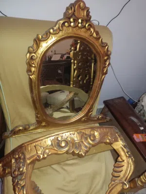 Antique Console Gilded Carved Wood Decorations, wall mirror Rococo Style, chair and console table