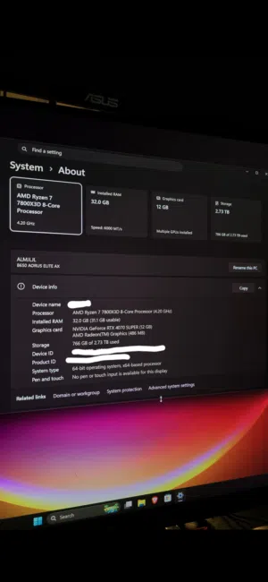 RYZEN 7 7800X3D Gigabyte geforce rtx 4070 super
