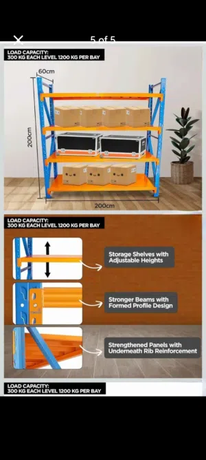 Heavy Duty Middle shelf 1200kg one set.Each level take 300kg.Siz Length(2m)  Hight(2m)   . Depth(2m)