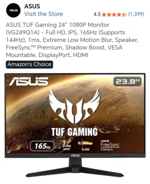 شاشة العاب ماركة ازوز توف ASUS TUF GAMİNG للكومبيوتر وللكونسل حجم 24 بوصة مع كامل ملحقاتها.
