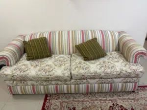 Seven seater sofa with 6 cushions pillows, one teapoy and 4 side tables