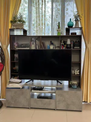 Brown and grey TV Display unit for sale. Items in the unit are not for sale