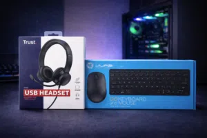 كيبورد و ماوس وايرليس و بلوتوث ماركة جلاب مع سماعة راس كيمنك من TRUST وايرسلكي
