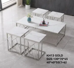 طقم طاولة قهوة رخامي مودرن 6+1قطع مع إطار فضي هندسي - KH13 GOLD