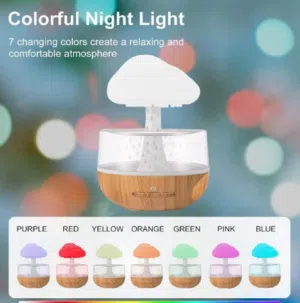 مرطب هواء على شكل سحابة مطر، موزع زيوت عطرية لطيف بقطرات الماء مع 7 مصابيح LED، ضوء ليلي على شكل سحا