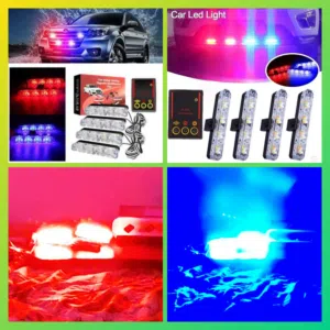طقم إضاءة 4 قطع تنبيهية احمر ازرق ساطعة 12v red blue strobe safety lights