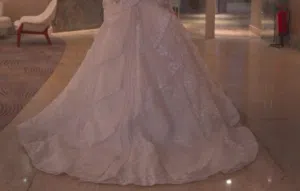 فستان زفاف راقٍ جدًا، تم ارتداؤه مرة واحدة فقط، بحالة ممتازة كأنه جديد. يتميز بتصميم أنيق وتطريز فاخ