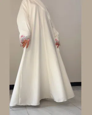 Abaya with Floral Sleeves, Matching Scarf & stylish white
