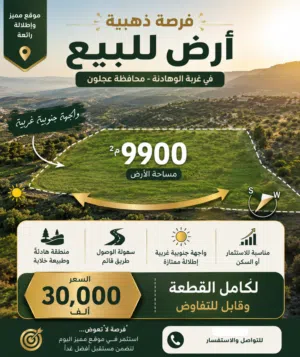 أرض 9900م2 للبيع في غربة الوهادنة – عجلون  إطلالة مباشرة على فلسطين  30 ألف دينار فقط
