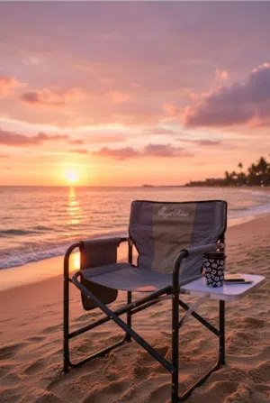 Folding chair with side table attached. Perfect for any outdoor area.   Price negotiable