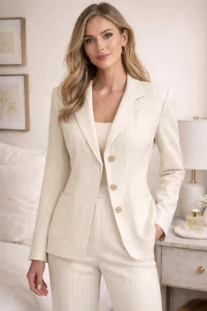 طقم إيطالي كتان مخطط لون اوف وايت من ماركة MaxMara - مكون من قطعتين مقاس XL