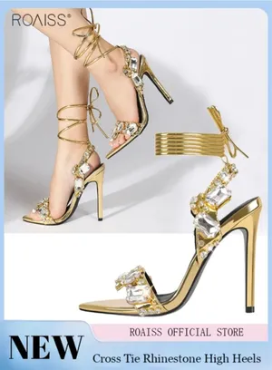 Stylish luxury stiletto sandals women's daily party gorgeous shiny gemstone pointed open toe cross