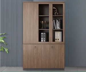 This is a brown wood office storage cabinet with glass and solid doors.