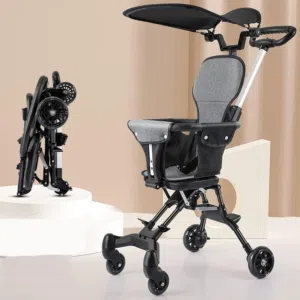 compact lightweight baby stroller features a gray fabric seat and a versatile folding design for eas