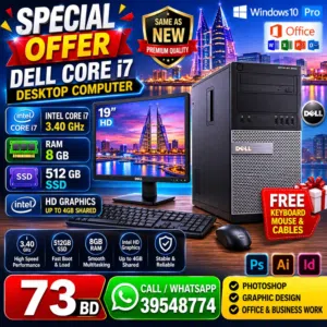 Dell Core i7 -Computer Set Speed 3.40Ghz 8GB RAM  512GB SSD Win 10 Pro 19′′ HD Monitor-/ WhatsApp