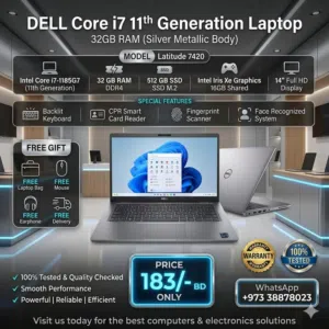 DELL Core i7 11th Gen Silver Metallic Laptop 32GB DDR4 RAM 512GB M.2 SSD 14 FHD Display