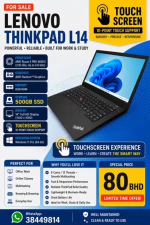 Lenovo ThinkPad L14 Touchscreen Laptop – Ryzen 5 Pro  8GB RAM  500GB SSD  Only 80BHD