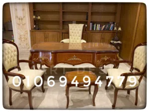 مكتب وزاري كلاسيك خشب زان مطعم النحاس 5درج معه قرص زجاجي متاح جميع المقاسات