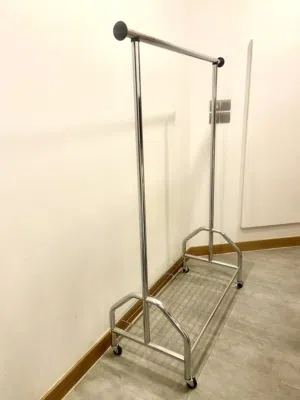 a rolling metal clothes rack,
