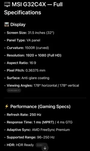 MSI G32C4X 32′′ Curved Gaming Monitor (شاشة ألعاب منحنية