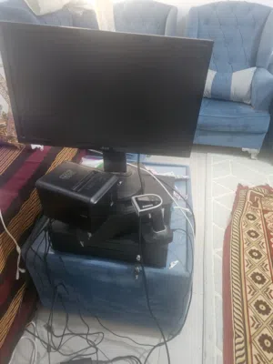 كرسي وسيستم مبيعات كمبيوتر وطابعة فواتير ودرج كاشر وقارء إلكتروني ليزر عن بعد