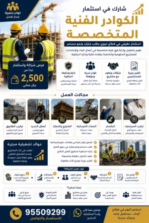 فرصة استثمارية في تشغيل الكوادر الفنية والعمالية للمشاريع الحكومية والخاصة