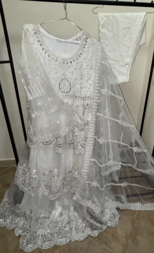 white fancy 4 piece pakistani suit