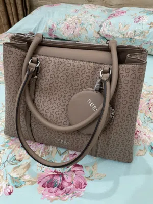 Beige Guess Monogram Tote Bag with Round Coin Pouch