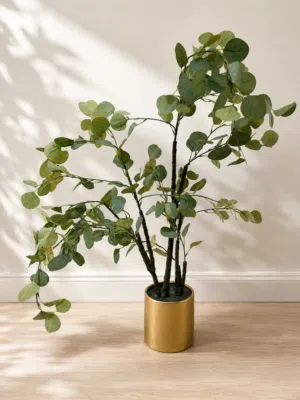 Artificial potted eucalyptus tree - medium height, gold planter