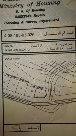 أرض سكنية للبيع في سمائل فيحه 3 كونر