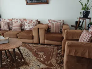 طقم كنب أمريكي تفصيل خشب سويد سجادة وممرات برداية و خزانة أحذية بحالة الوكالة للبيع تفاصيل بالاعلان